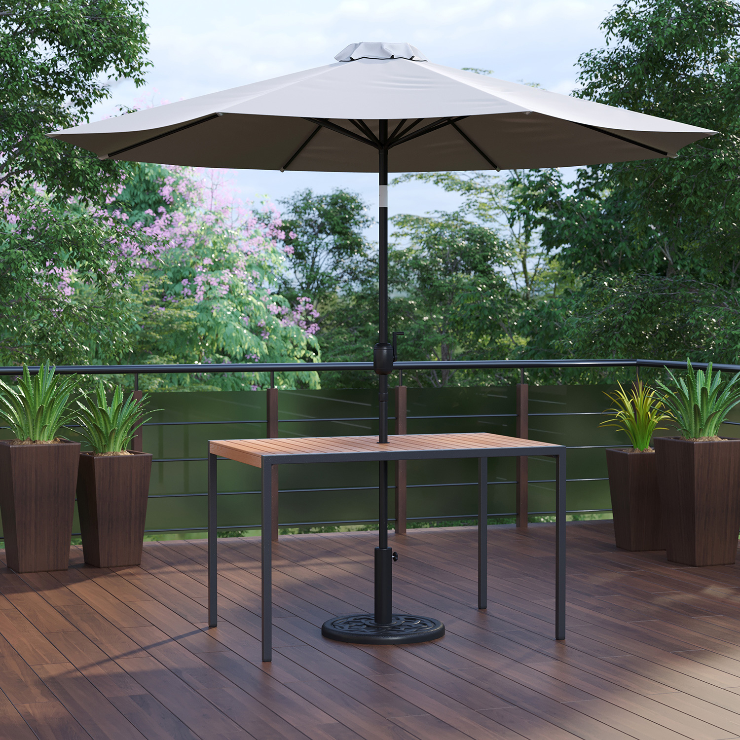 BLNK Lark Outdoor Patio Table Set with 30" x 48" Synthetic Teak Patio Table, Umbrella and Base