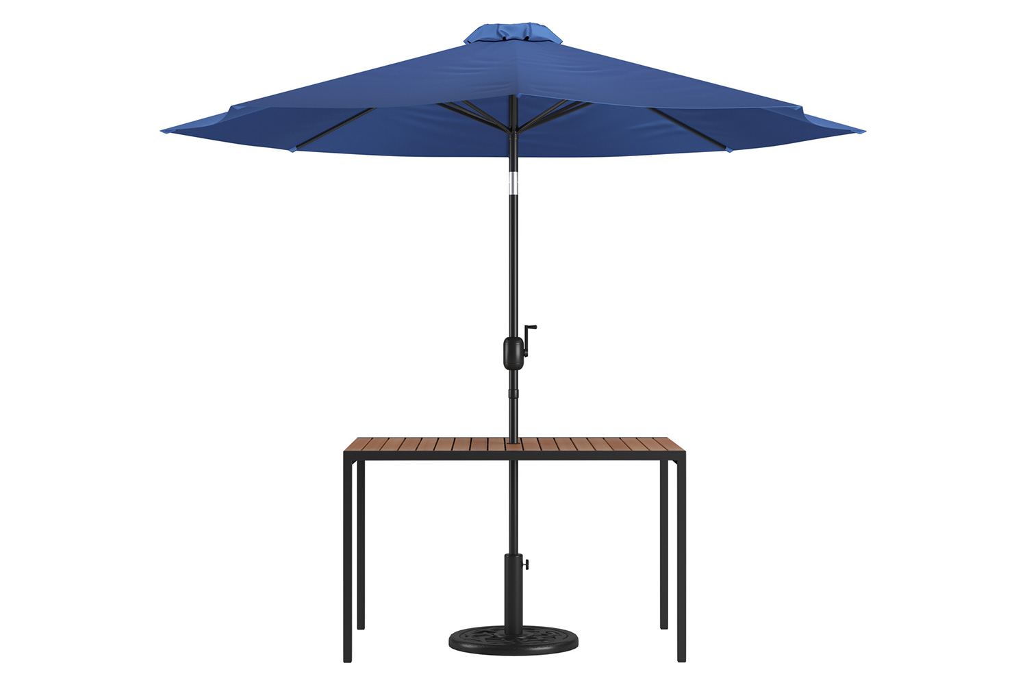 BLNK Lark Outdoor Patio Table Set with 30" x 48" Synthetic Teak Patio Table, Umbrella and Base - Navy