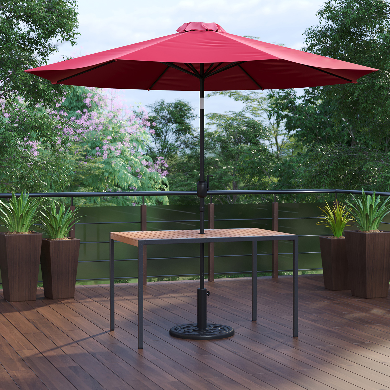 BLNK Lark Outdoor Patio Table Set with 30" x 48" Synthetic Teak Patio Table, Umbrella and Base