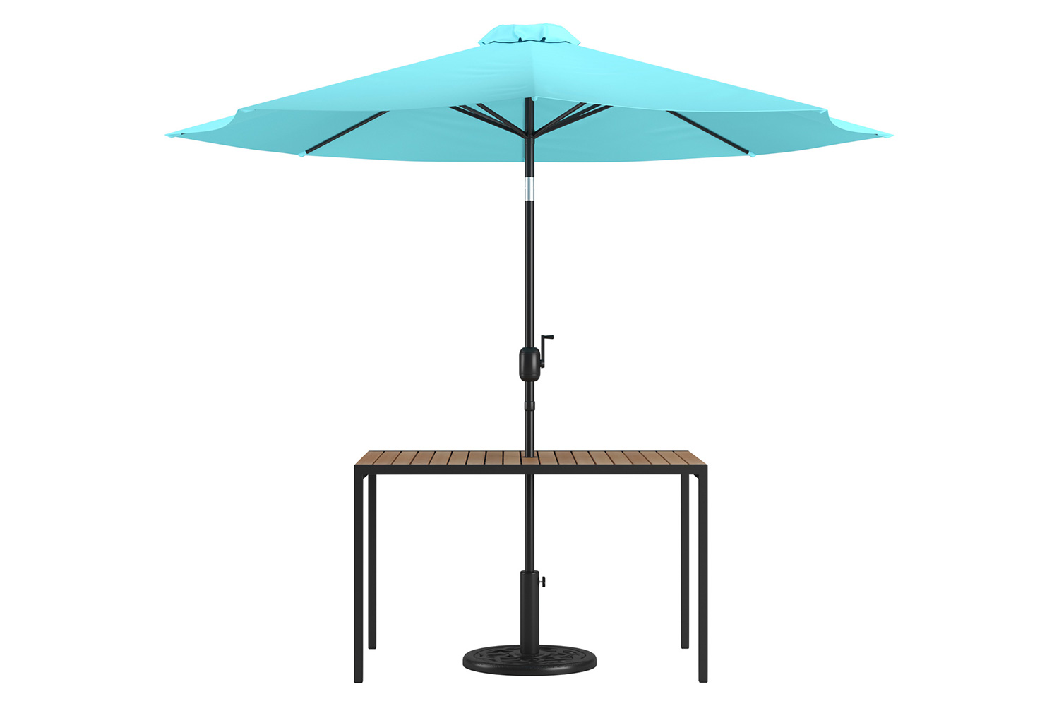 BLNK Lark Outdoor Patio Table Set with 30" x 48" Synthetic Teak Patio Table, Umbrella and Base