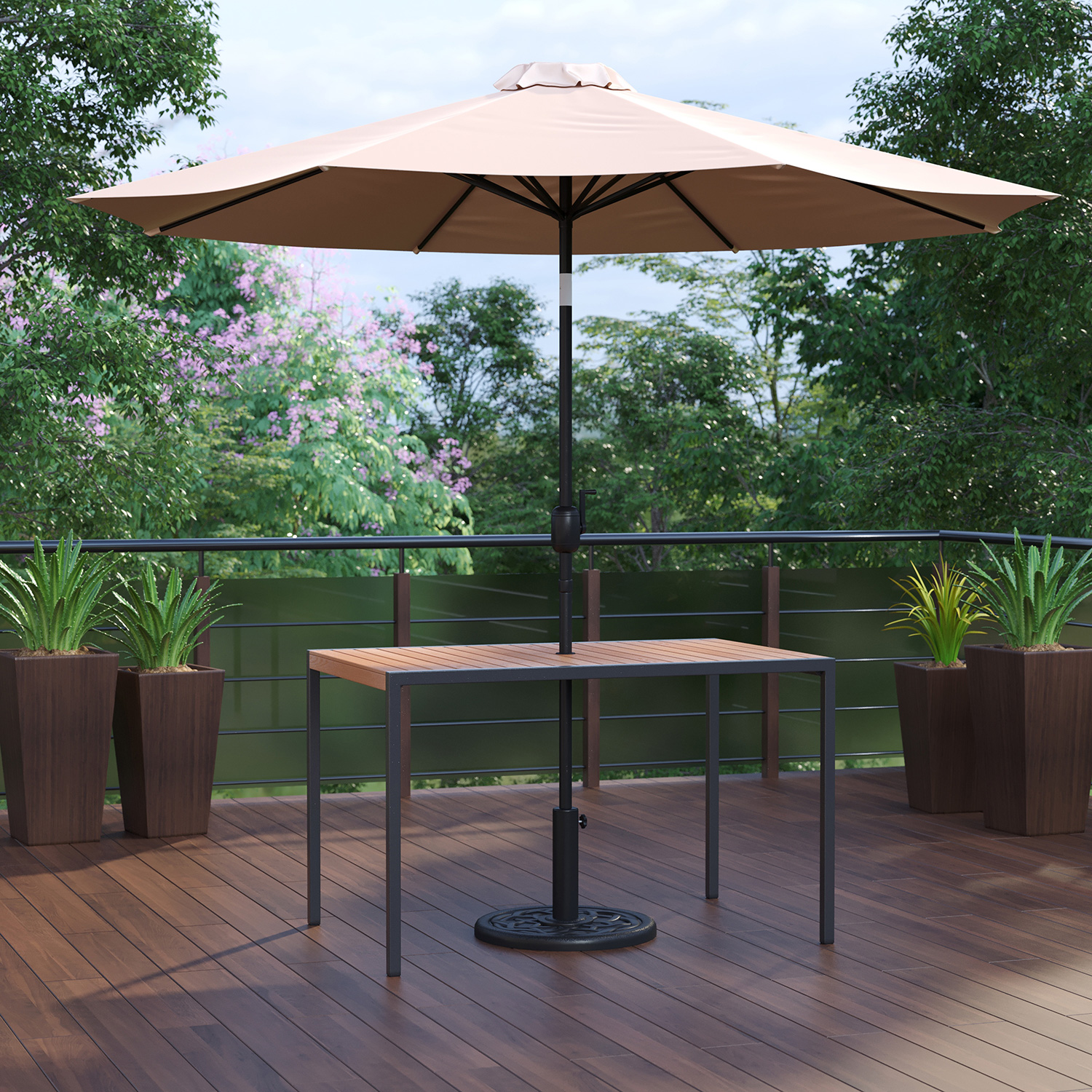 BLNK Lark Outdoor Patio Table Set with 30" x 48" Synthetic Teak Patio Table, Umbrella and Base