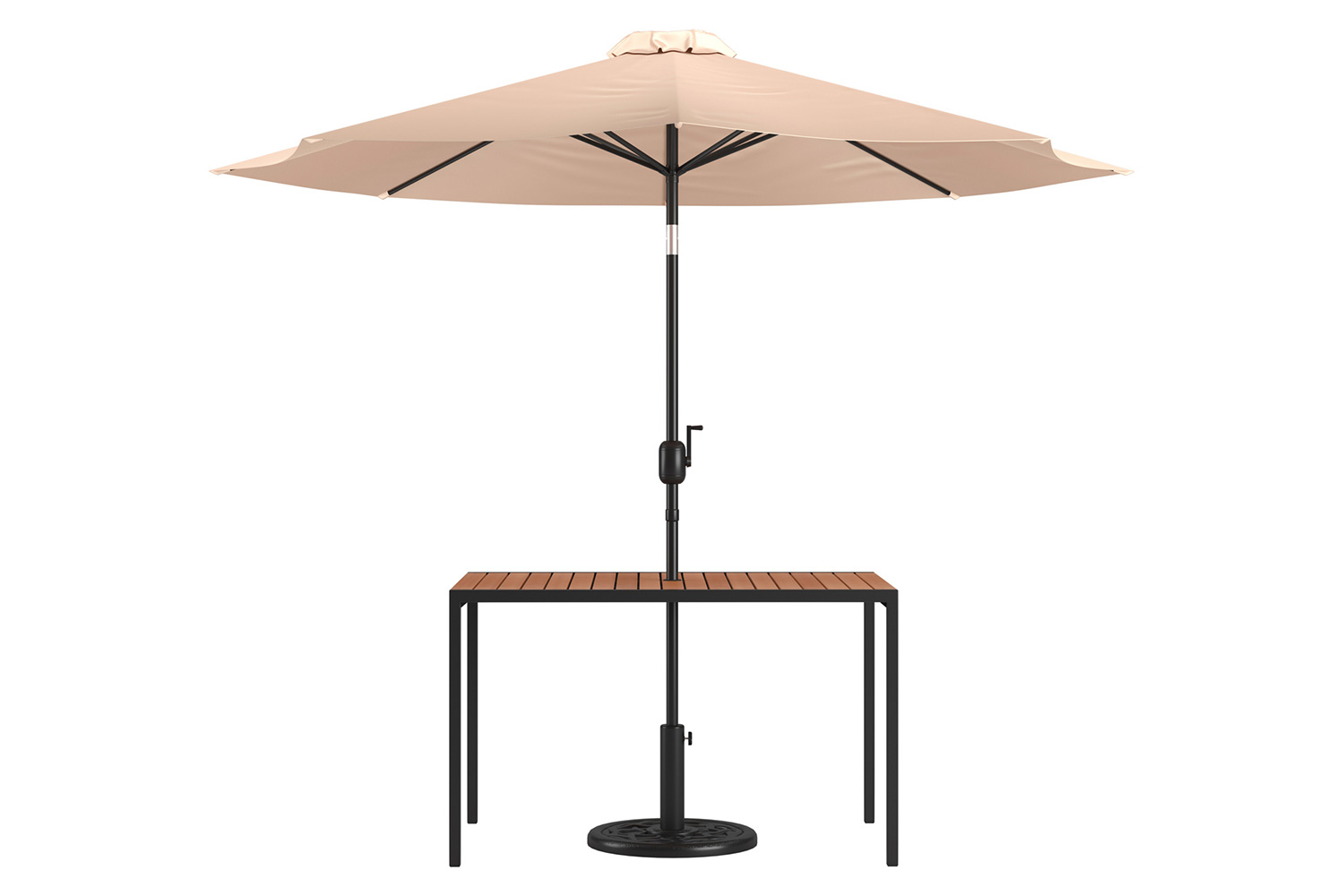 BLNK Lark Outdoor Patio Table Set with 30" x 48" Synthetic Teak Patio Table, Umbrella and Base - Tan