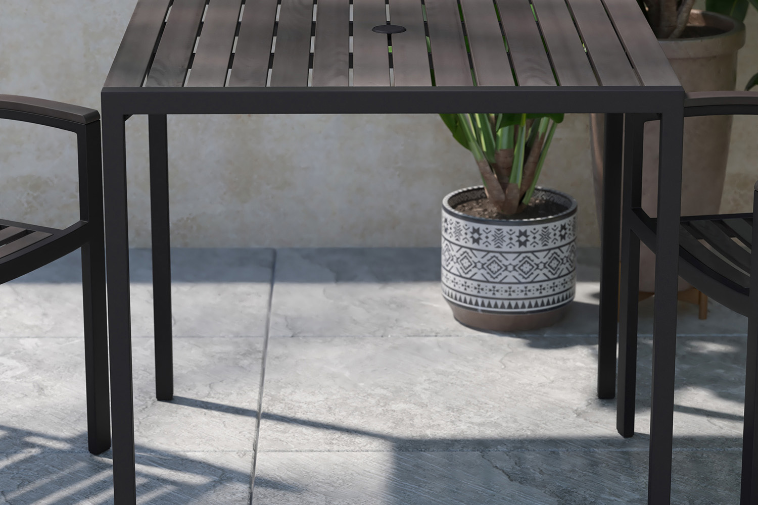 BLNK - Square Outdoor Steel Framed Dining Table with Synthetic Poly Slats and Umbrella Hole