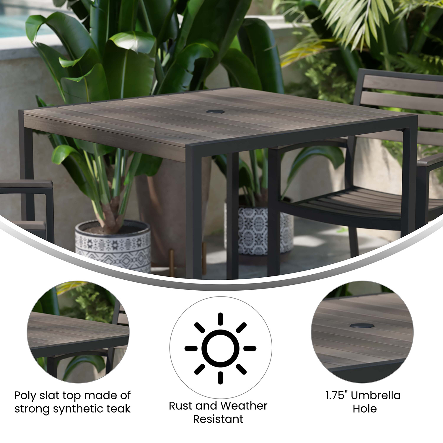 BLNK - Square Outdoor Steel Framed Dining Table with Synthetic Poly Slats and Umbrella Hole