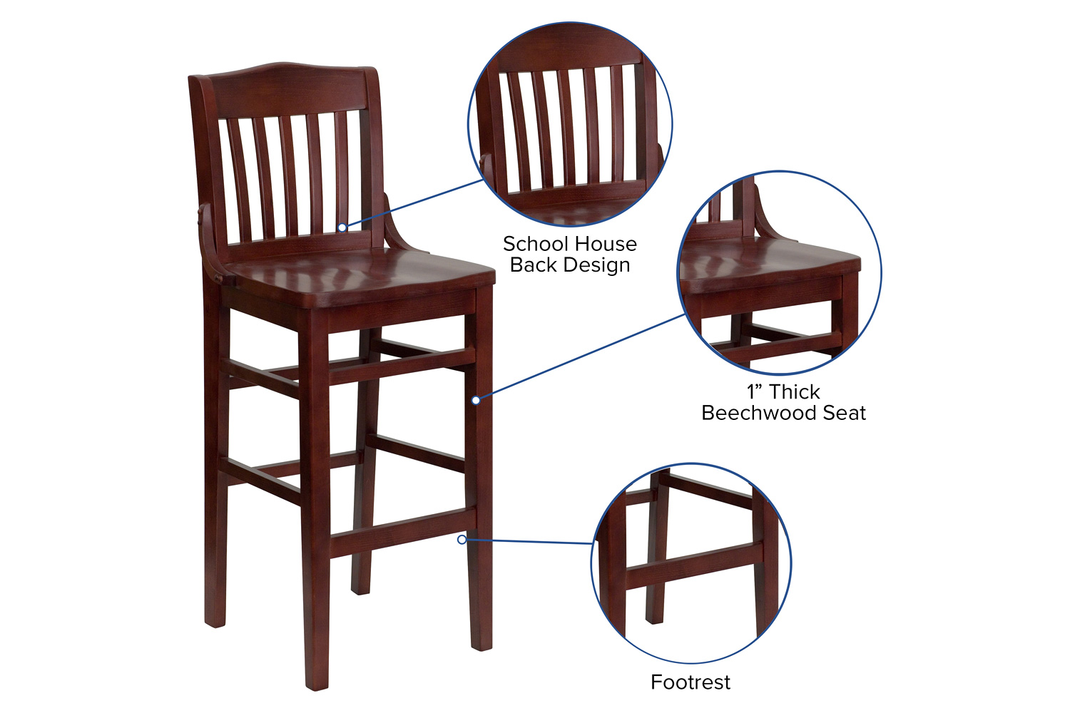 BLNK HERCULES Series Wood School House Back Restaurant Bar Stool - Mahogany