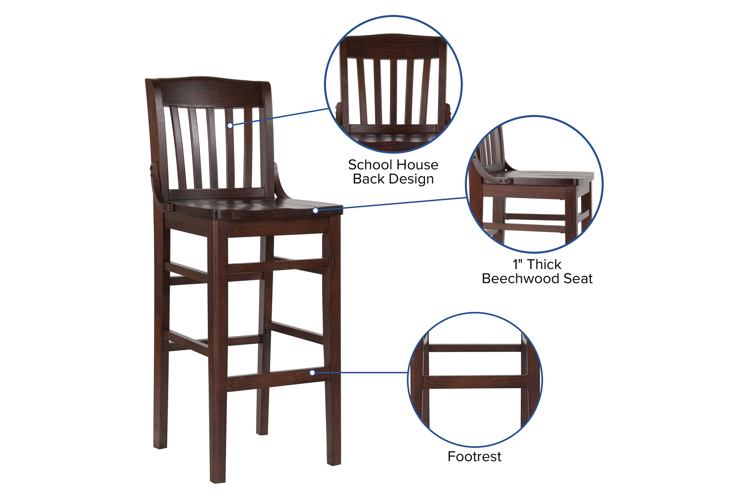 BLNK HERCULES Series Wood School House Back Restaurant Bar Stool - Walnut