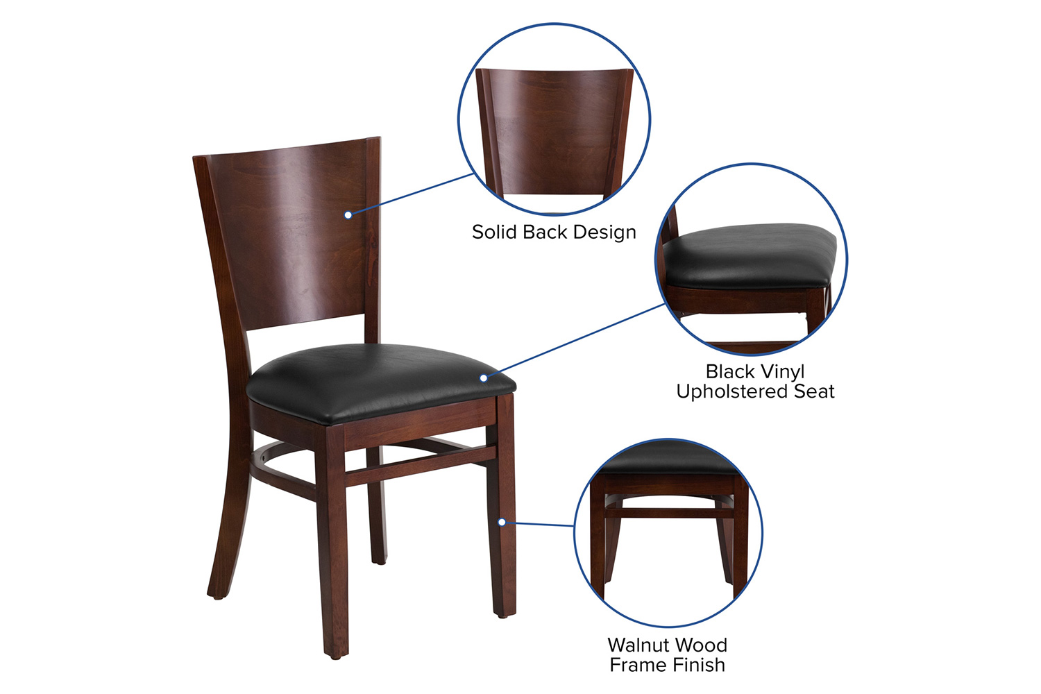 BLNK Lacey Series Walnut Wood Solid Back Restaurant Chair with Vinyl Seat - Black