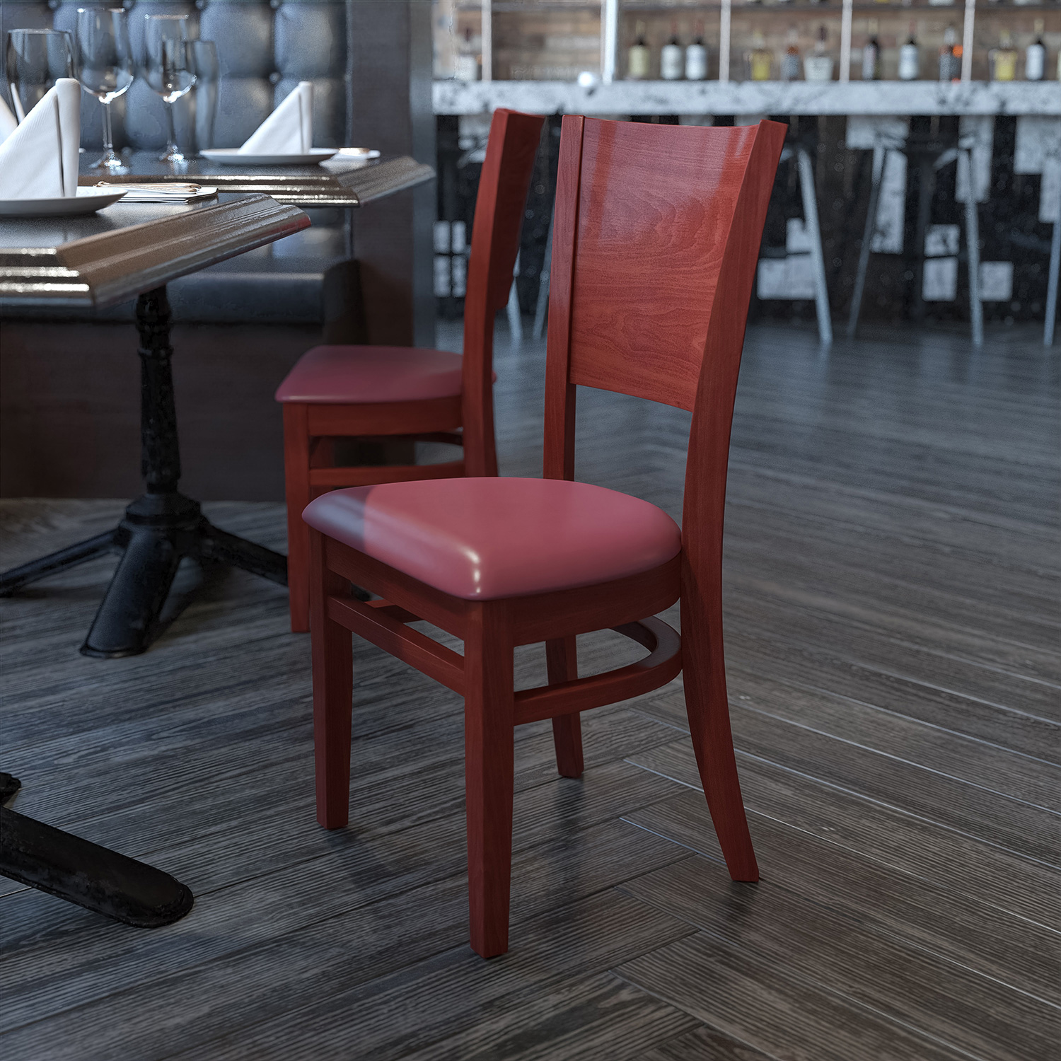 BLNK Lacey Series Walnut Wood Solid Back Restaurant Chair with Vinyl Seat