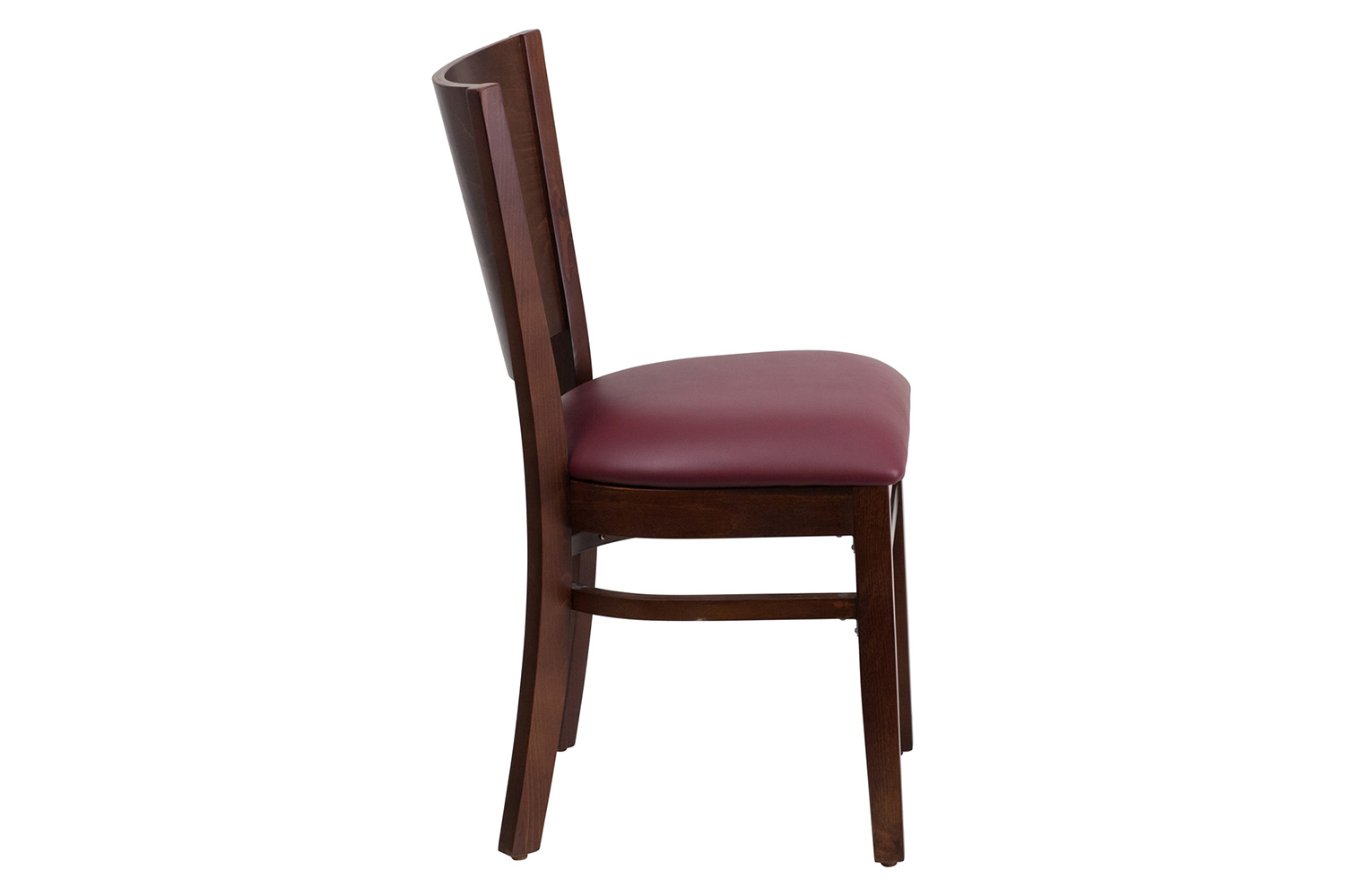 BLNK Lacey Series Walnut Wood Solid Back Restaurant Chair with Vinyl Seat - Burgundy