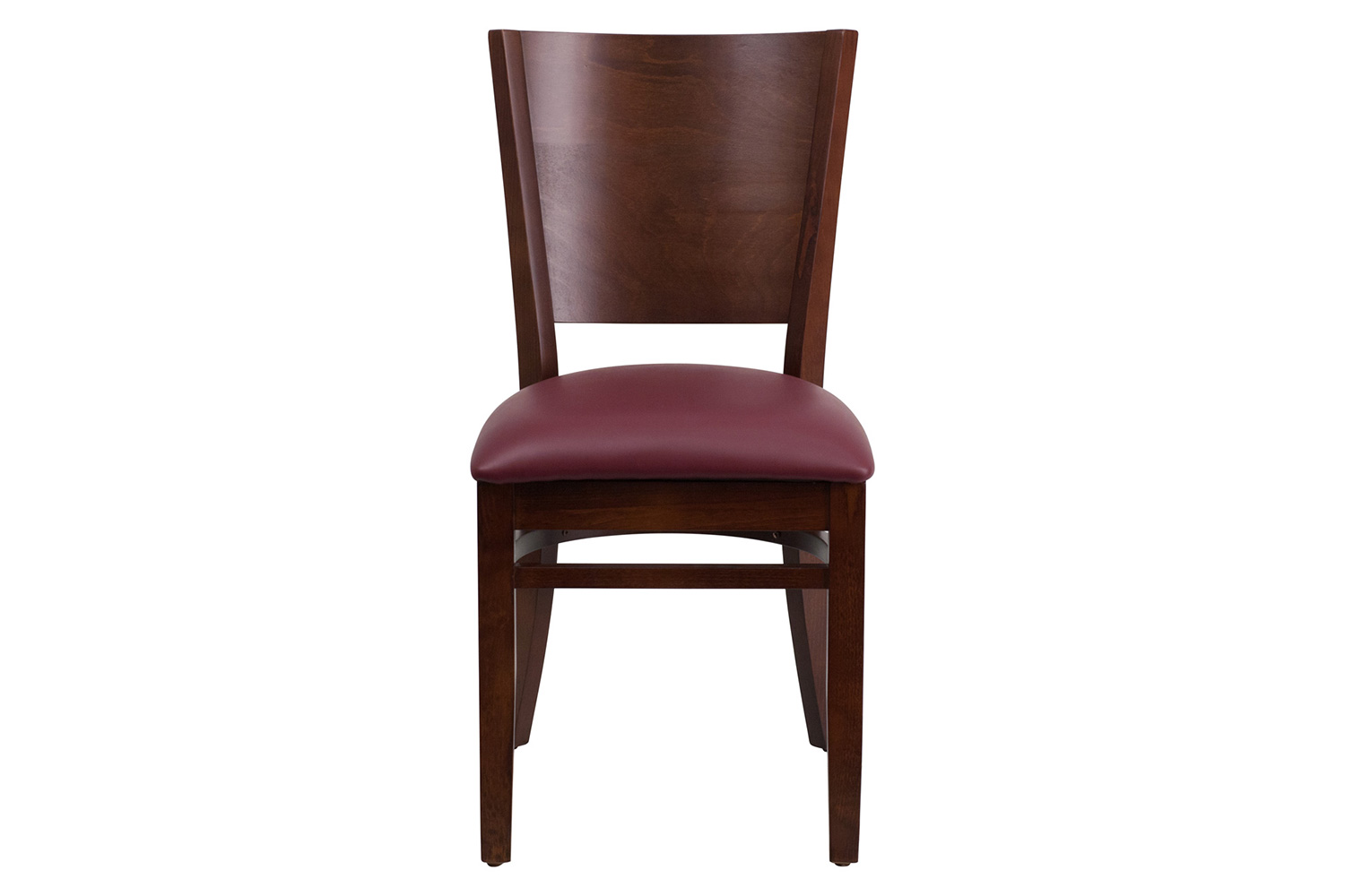 BLNK Lacey Series Walnut Wood Solid Back Restaurant Chair with Vinyl Seat - Burgundy