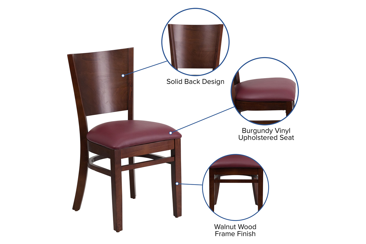 BLNK Lacey Series Walnut Wood Solid Back Restaurant Chair with Vinyl Seat - Burgundy