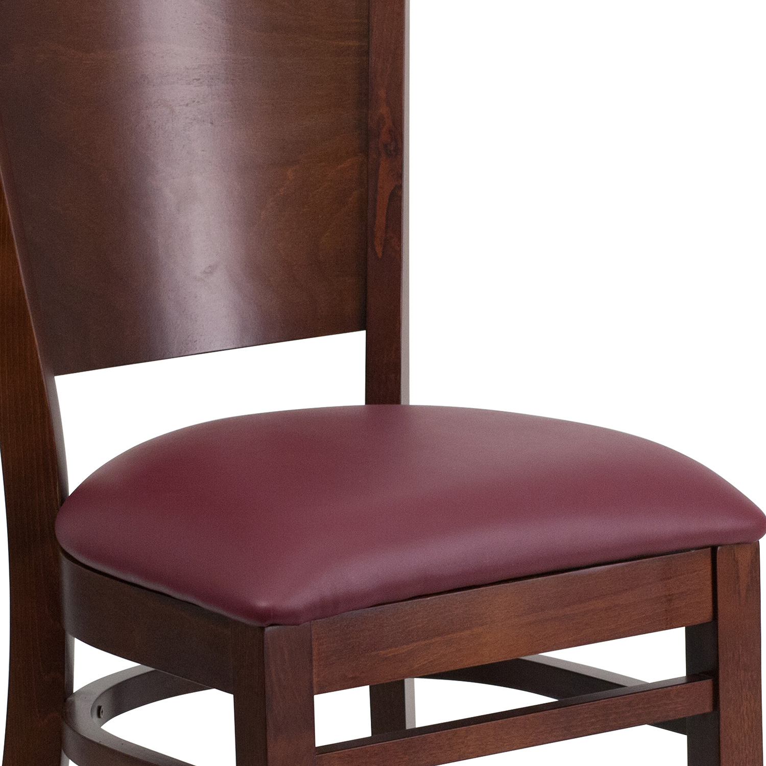 BLNK Lacey Series Walnut Wood Solid Back Restaurant Chair with Vinyl Seat - Burgundy