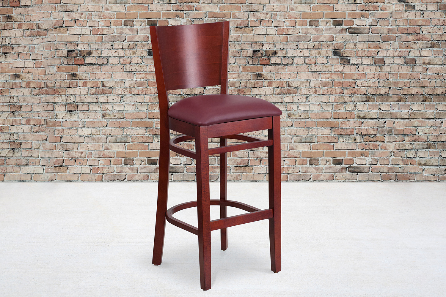 BLNK Lacey Series Mahogany Wood Solid Back Restaurant Bar Stool with Vinyl Seat