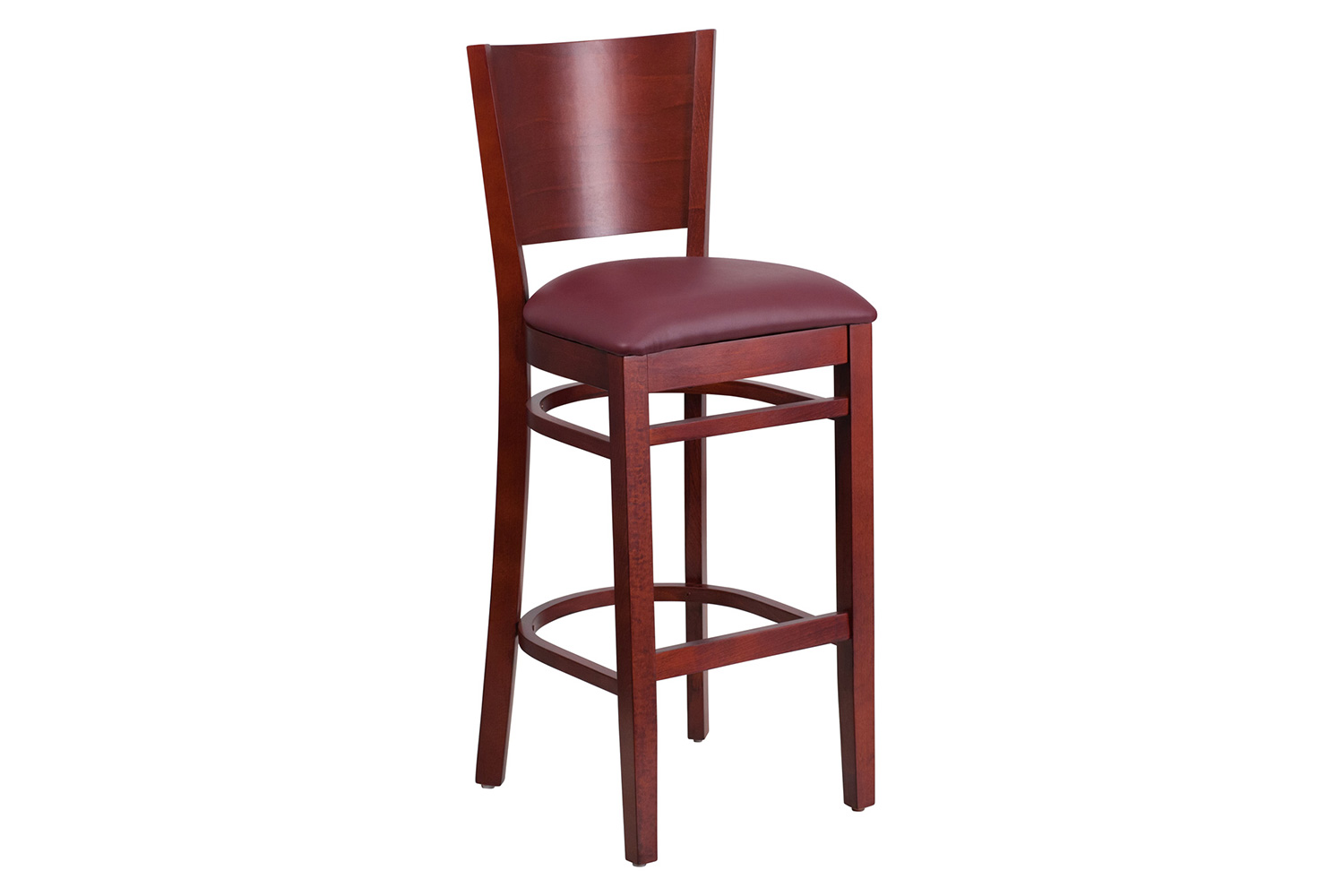 BLNK Lacey Series Mahogany Wood Solid Back Restaurant Bar Stool with Vinyl Seat - Burgundy