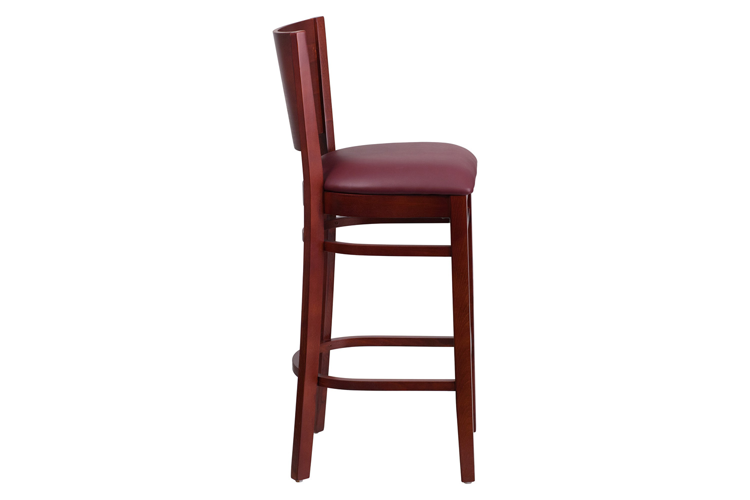 BLNK Lacey Series Mahogany Wood Solid Back Restaurant Bar Stool with Vinyl Seat - Burgundy