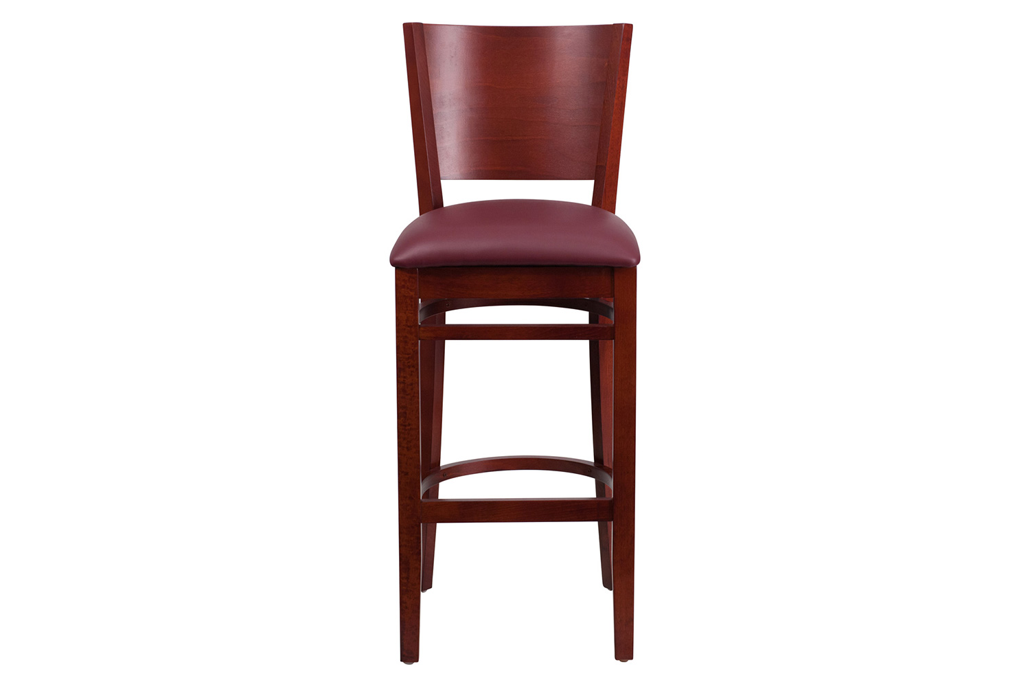 BLNK Lacey Series Mahogany Wood Solid Back Restaurant Bar Stool with Vinyl Seat - Burgundy