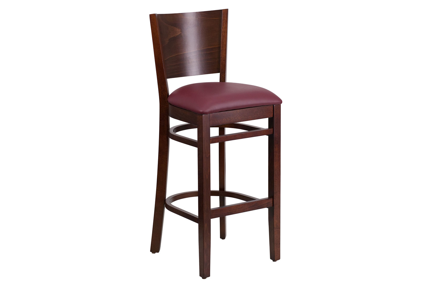 BLNK Lacey Series Walnut Wood Solid Back Restaurant Bar Stool with Vinyl Seat