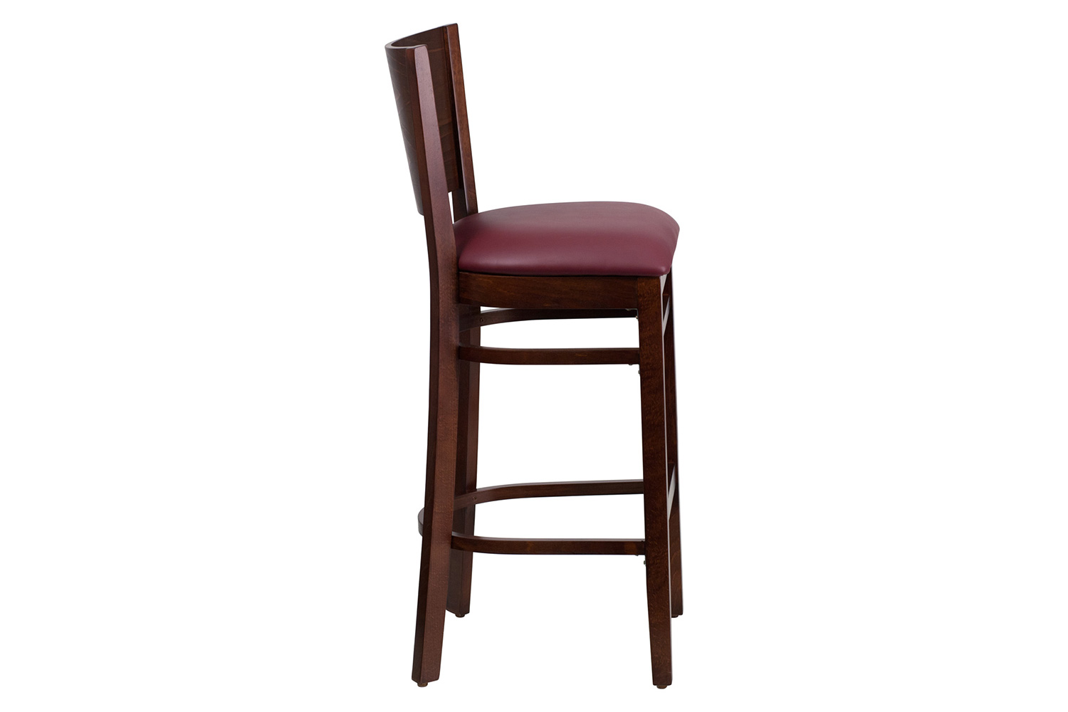 BLNK Lacey Series Walnut Wood Solid Back Restaurant Bar Stool with Vinyl Seat - Burgundy