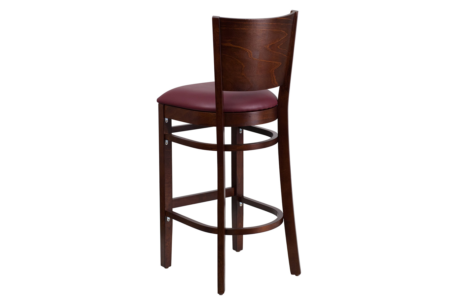 BLNK Lacey Series Walnut Wood Solid Back Restaurant Bar Stool with Vinyl Seat - Burgundy