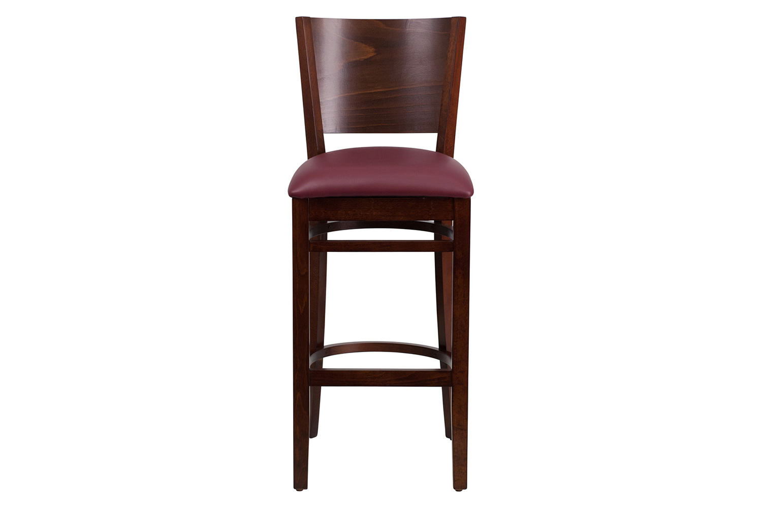 BLNK Lacey Series Walnut Wood Solid Back Restaurant Bar Stool with Vinyl Seat - Burgundy