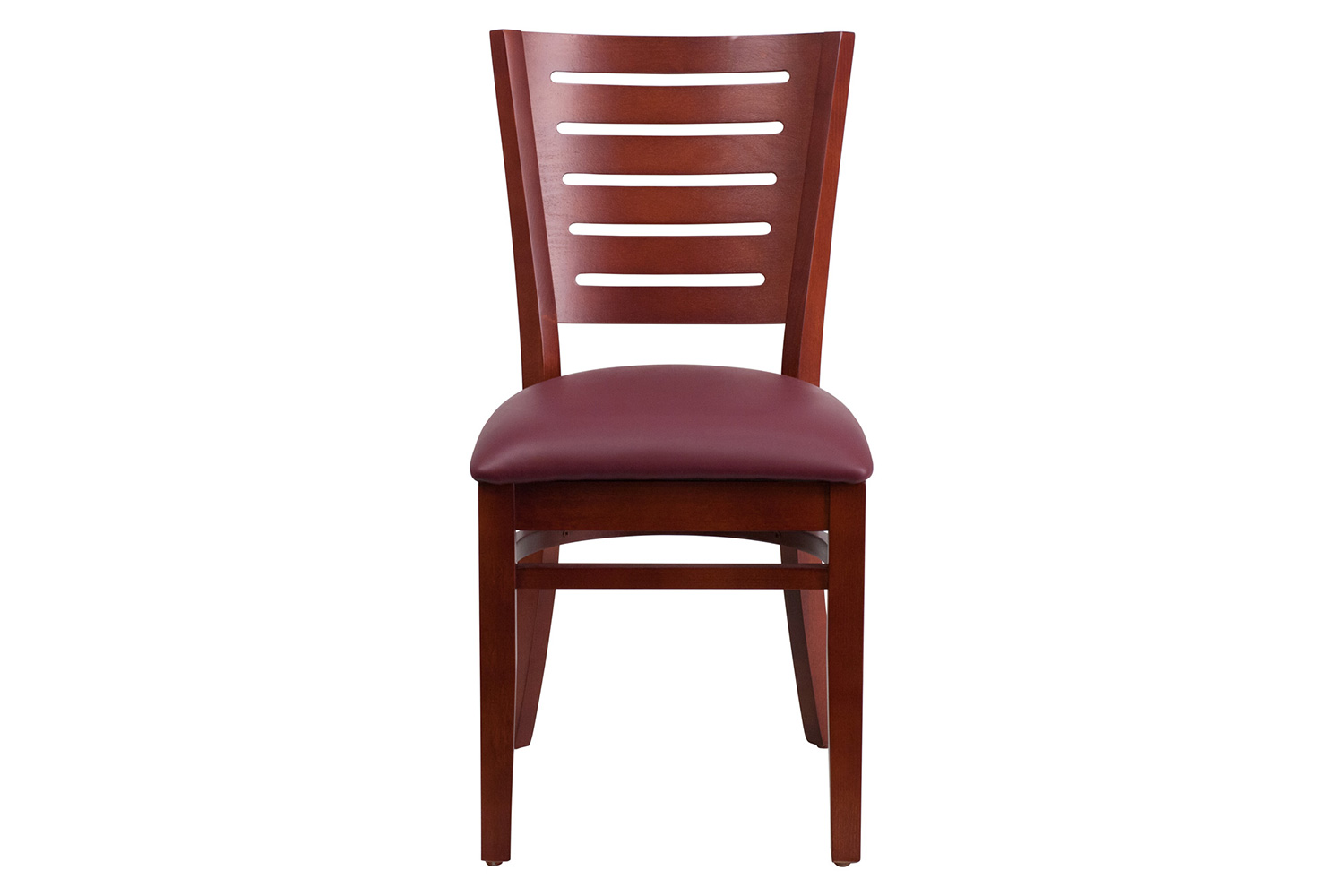 BLNK Darby Series Mahogany Wood Slat Back Restaurant Chair with Vinyl Seat - Burgundy