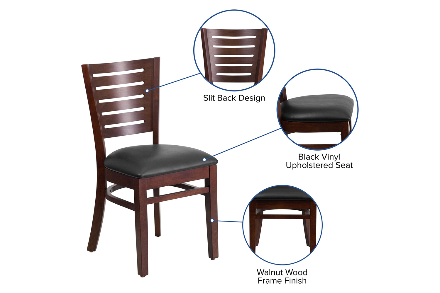 BLNK Darby Series Walnut Wood Slat Back Restaurant Chair with Vinyl Seat - Black