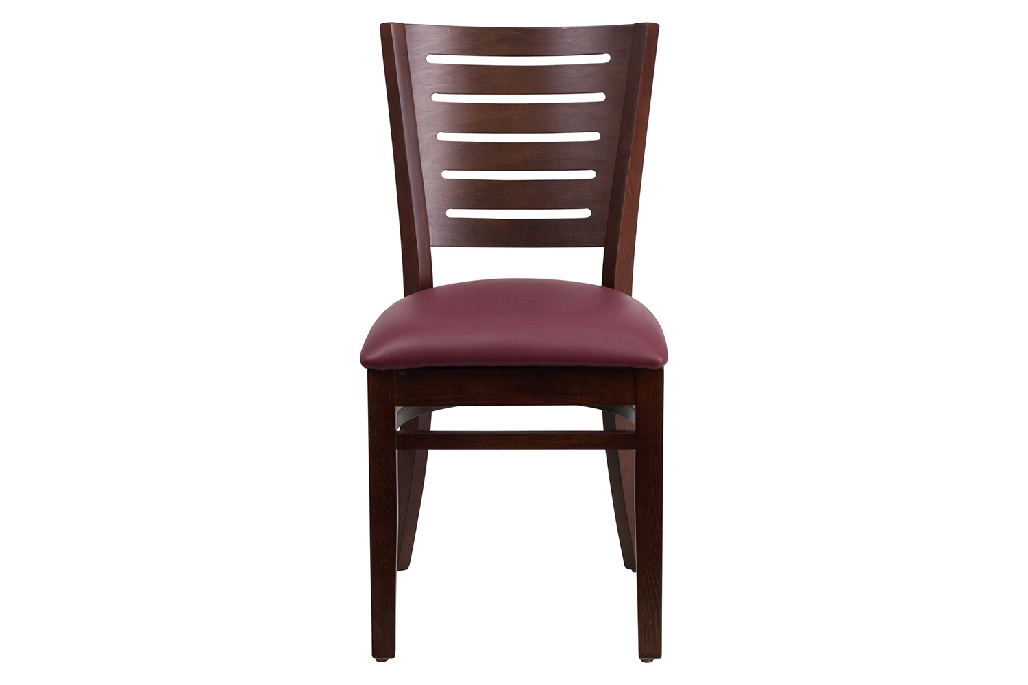 BLNK Darby Series Walnut Wood Slat Back Restaurant Chair with Vinyl Seat - Burgundy