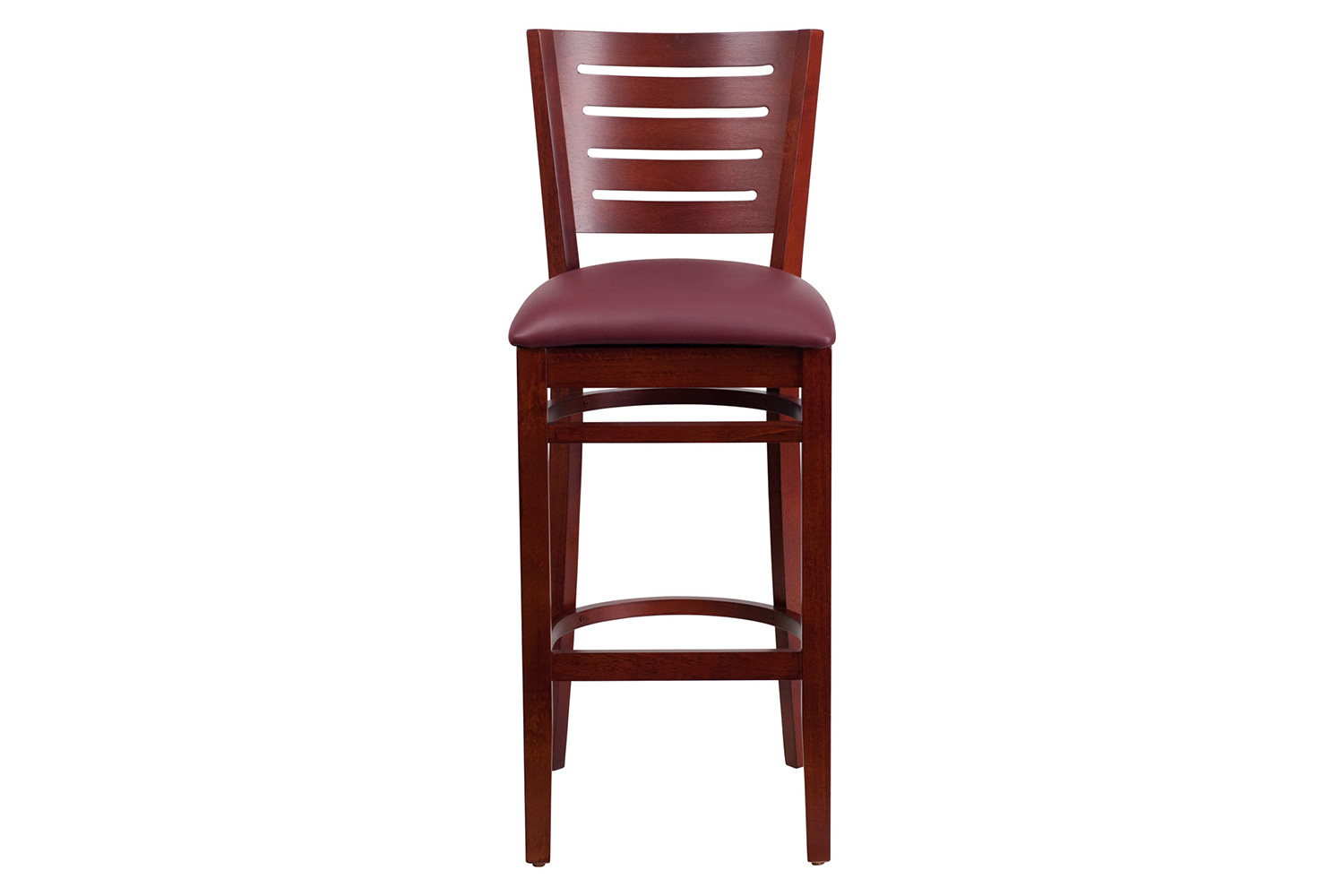 BLNK Darby Series Vinyl Slat Back Mahogany Wood Restaurant Bar Stool - Burgundy