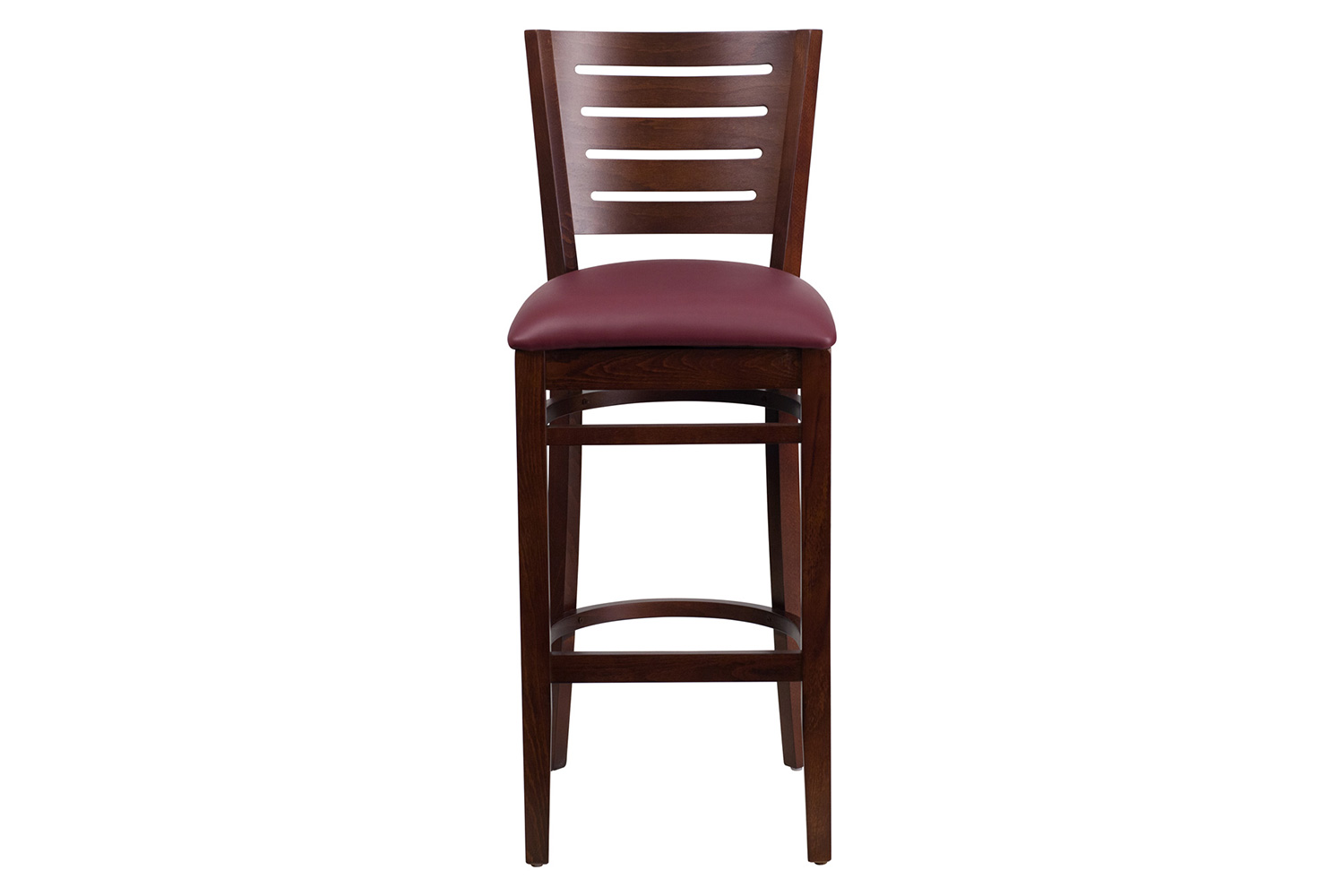 BLNK Darby Series Vinyl Slat Back Walnut Wood Restaurant Bar Stool - Burgundy