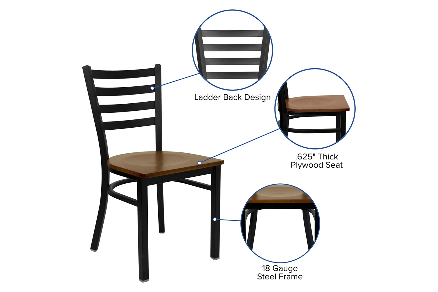 BLNK HERCULES Series Black Metal Ladder Back Restaurant Chair with Wood Seat - Cherry