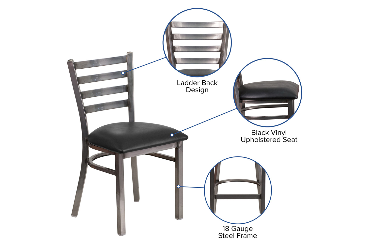 BLNK HERCULES Series Clear Coated Metal Ladder Back Restaurant Chair with Vinyl Seat - Black