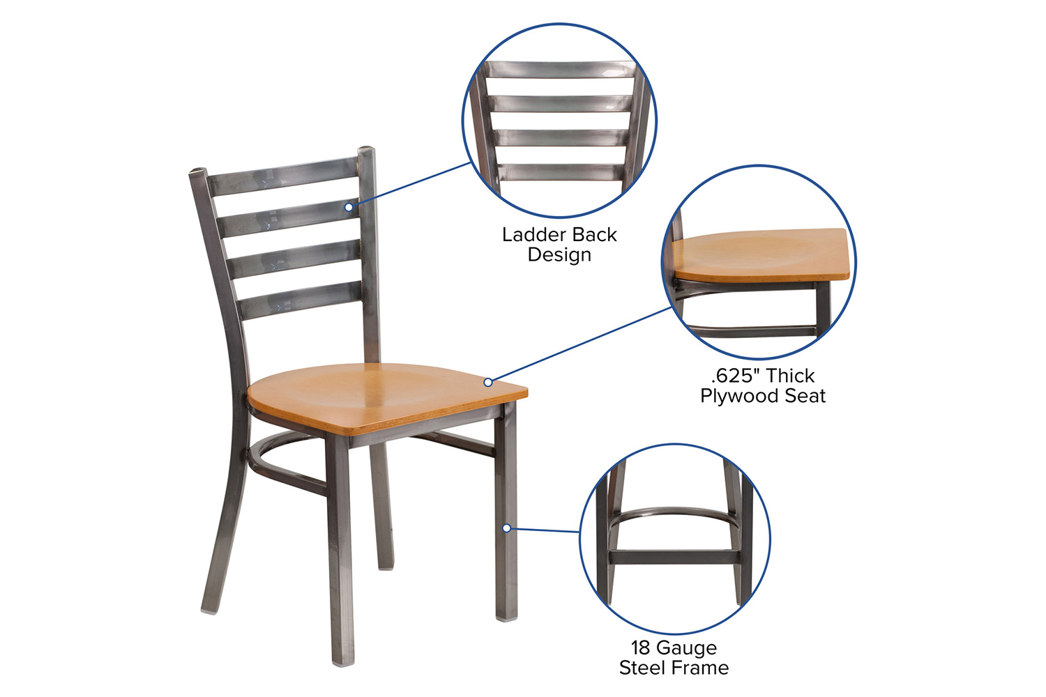 BLNK HERCULES Series Clear Coated Metal Ladder Back Restaurant Chair with Wood Seat - Natural