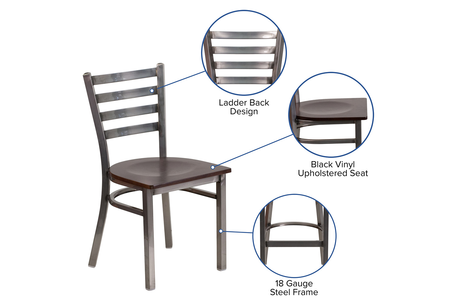 BLNK HERCULES Series Clear Coated Metal Ladder Back Restaurant Chair with Wood Seat - Walnut