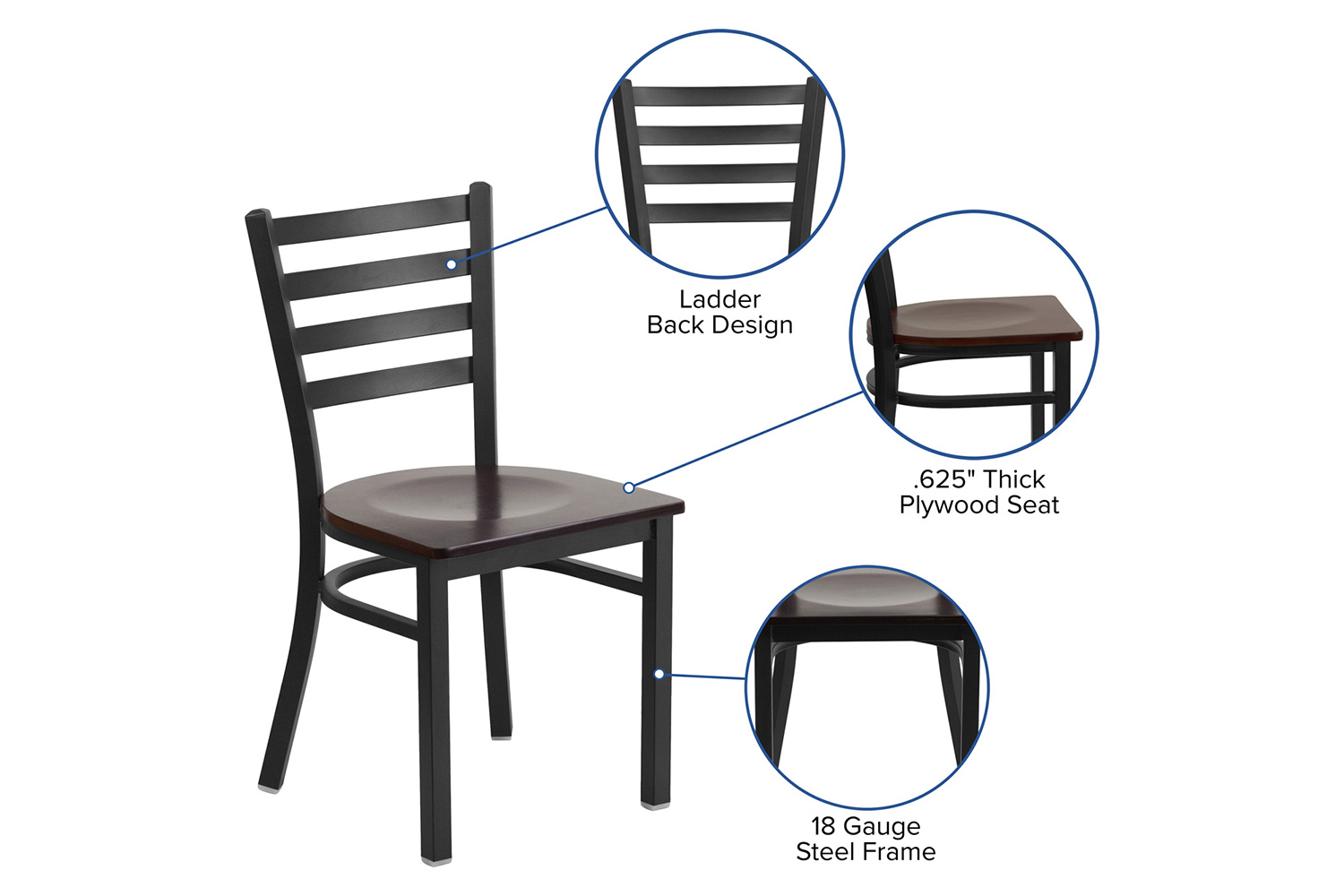 BLNK HERCULES Series Black Metal Ladder Back Restaurant Chair with Wood Seat - Mahogany