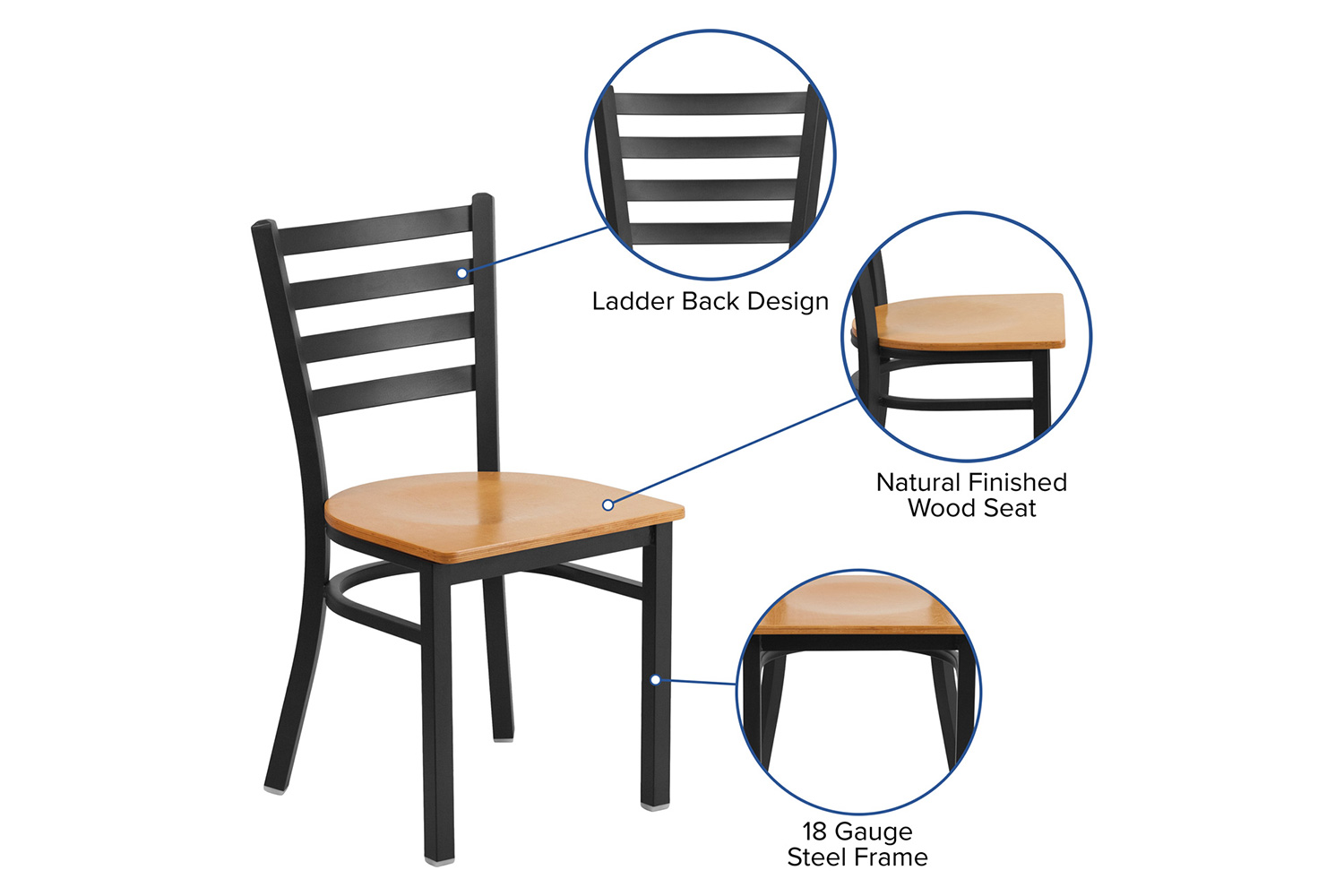 BLNK HERCULES Series Black Metal Ladder Back Restaurant Chair with Wood Seat - Natural