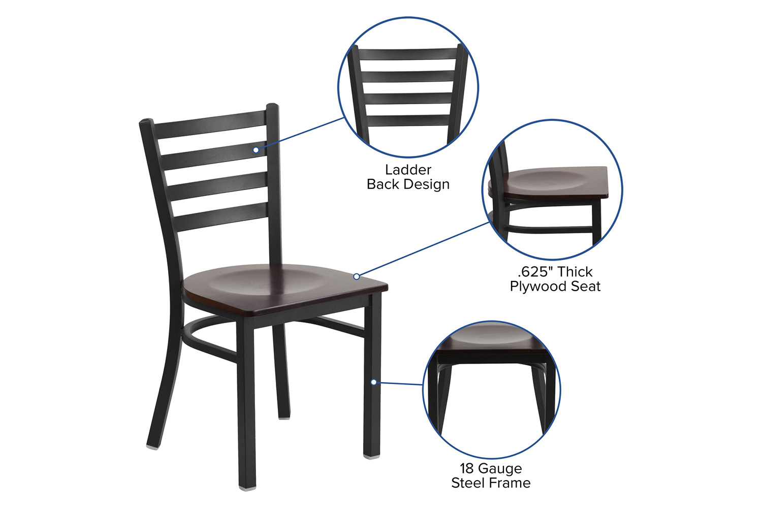 BLNK HERCULES Series Black Metal Ladder Back Restaurant Chair with Wood Seat - Walnut