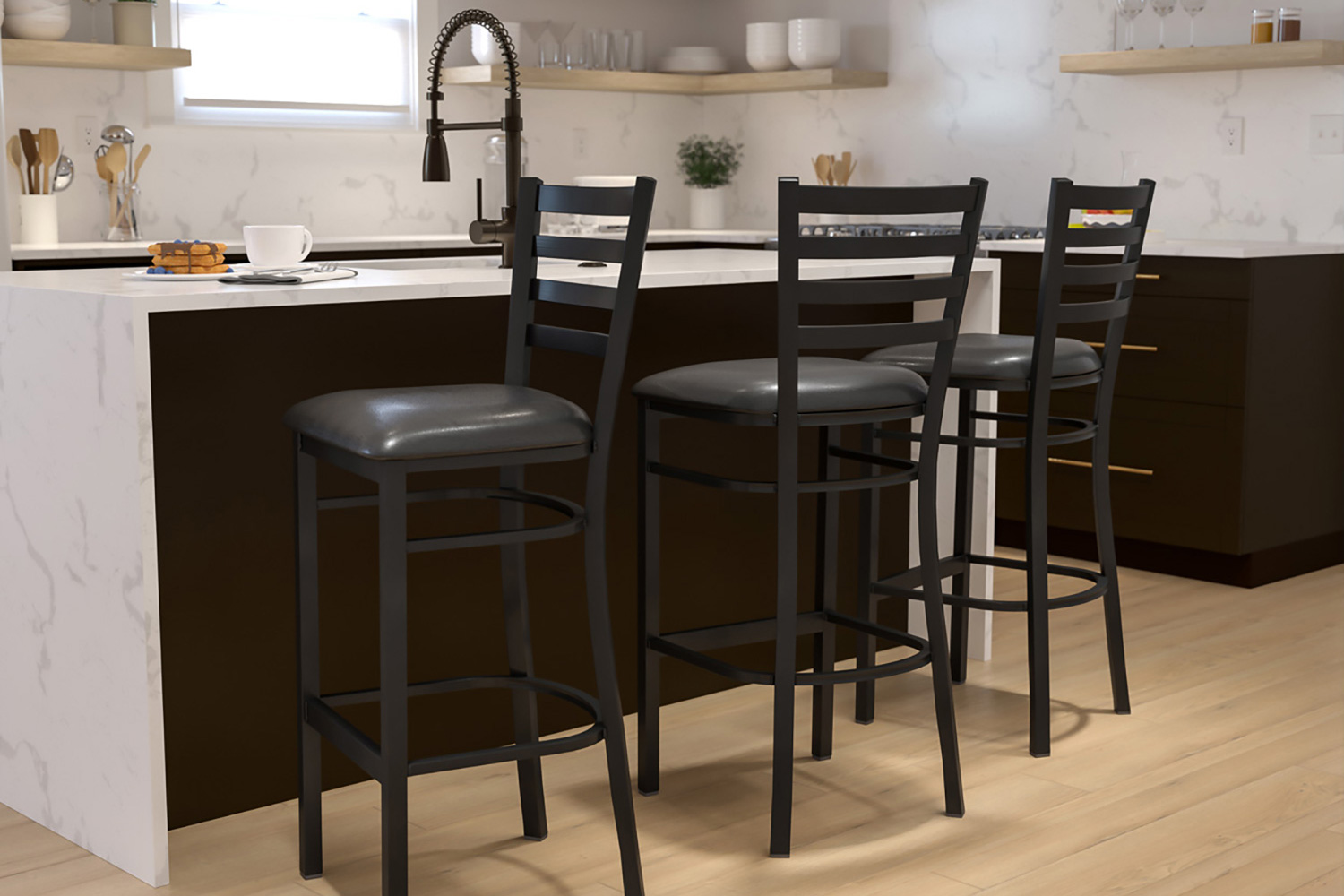 BLNK HERCULES Series Black Metal Ladder Back Restaurant Bar Stool with Vinyl Seat