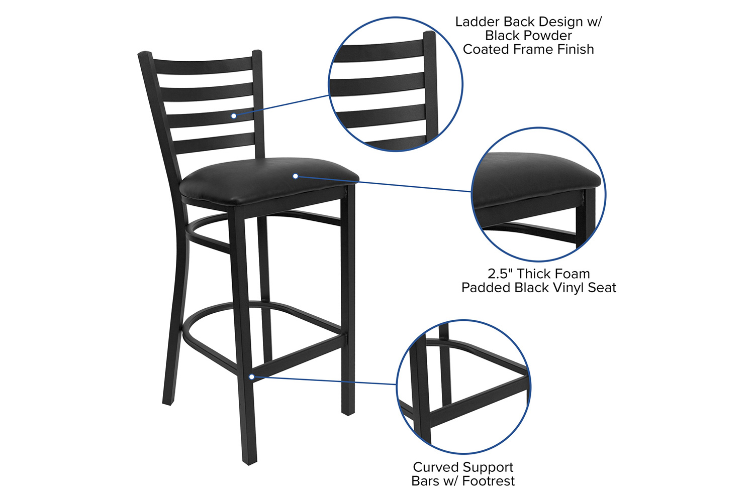 BLNK HERCULES Series Black Metal Ladder Back Restaurant Bar Stool with Vinyl Seat - Black