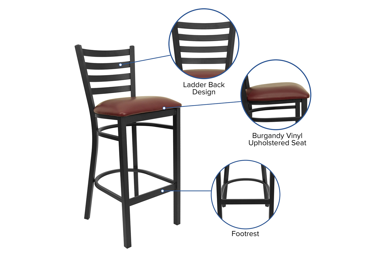 BLNK HERCULES Series Black Metal Ladder Back Restaurant Bar Stool with Vinyl Seat - Burgundy