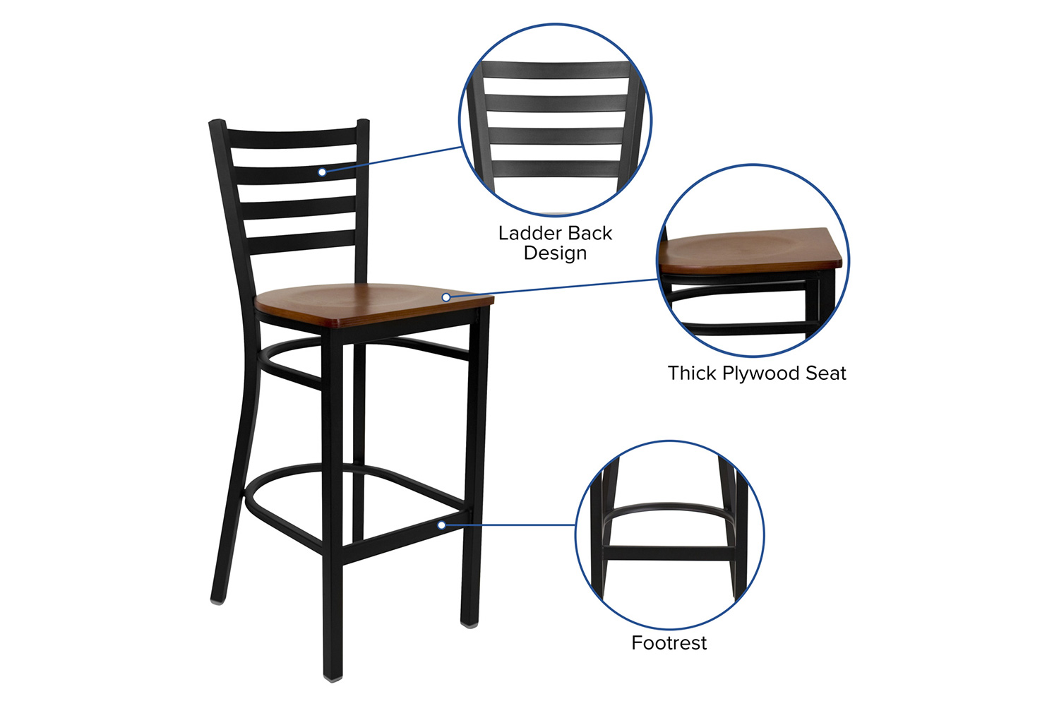 BLNK HERCULES Series Black Metal Ladder Back Restaurant Bar Stool with Wood Seat - Cherry