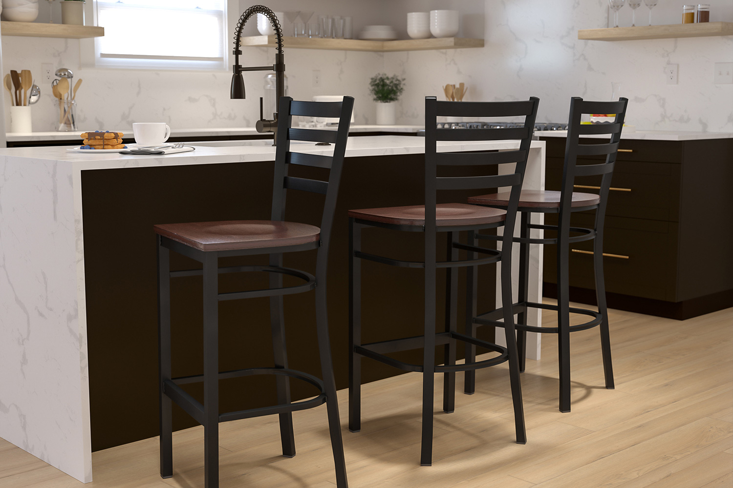 BLNK HERCULES Series Black Metal Ladder Back Restaurant Bar Stool with Wood Seat