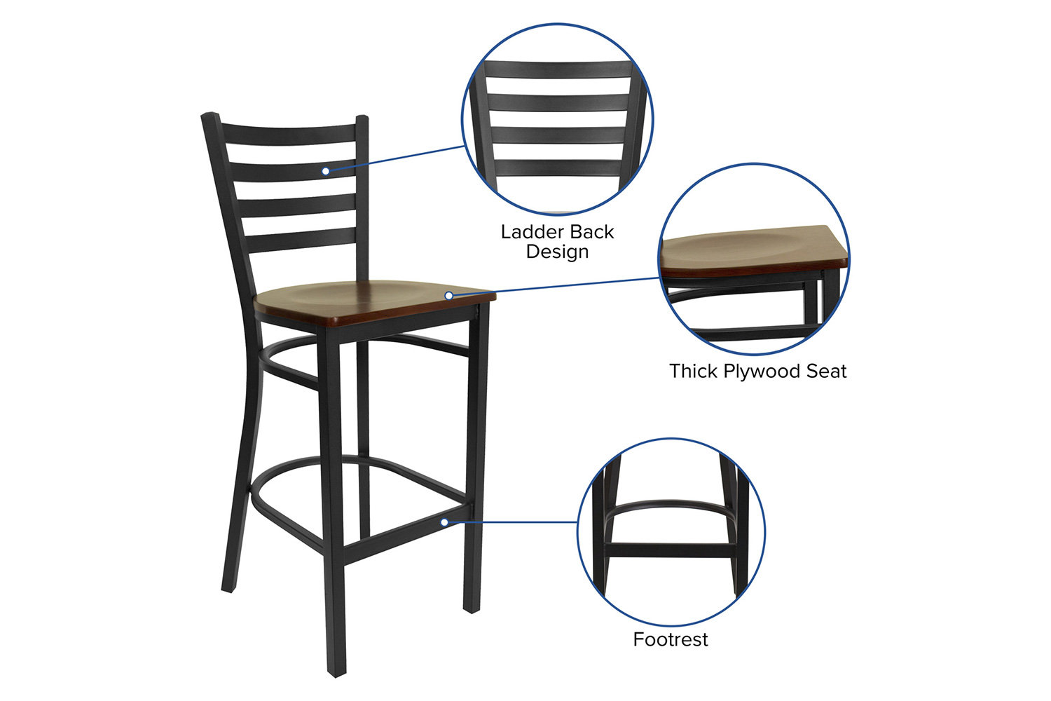 BLNK HERCULES Series Black Metal Ladder Back Restaurant Bar Stool with Wood Seat - Mahogany