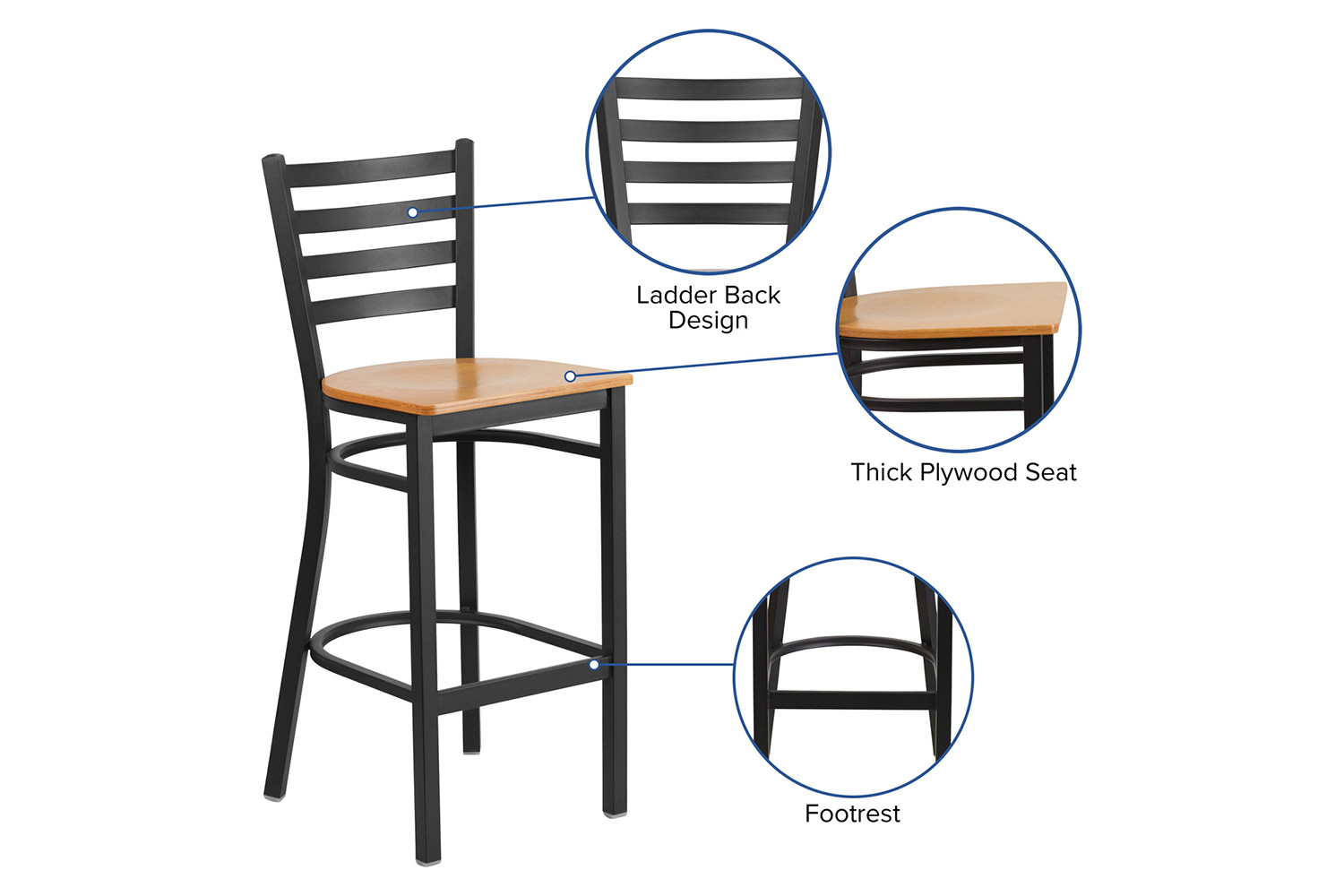 BLNK HERCULES Series Black Metal Ladder Back Restaurant Bar Stool with Wood Seat - Natural