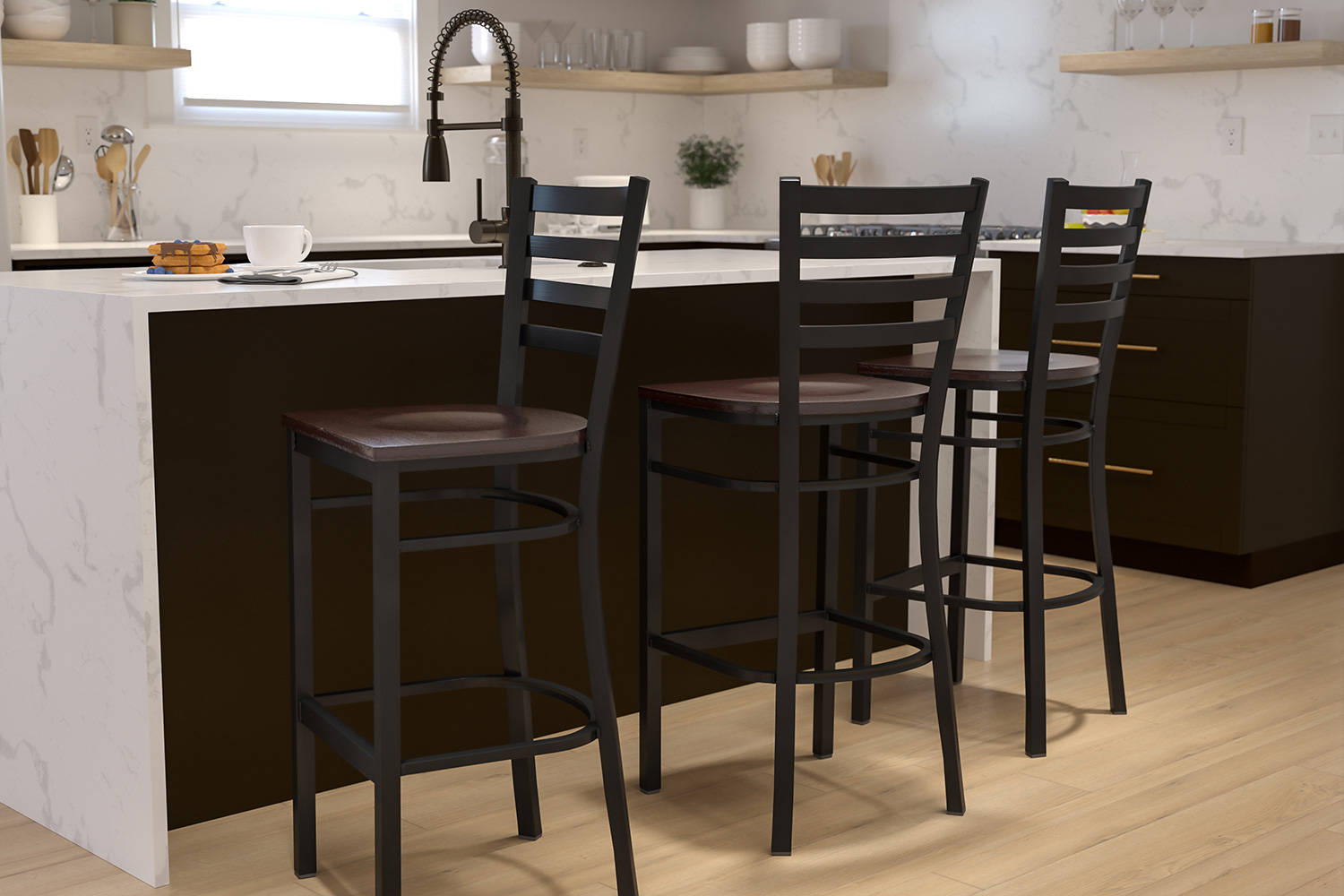 BLNK HERCULES Series Black Metal Ladder Back Restaurant Bar Stool with Wood Seat