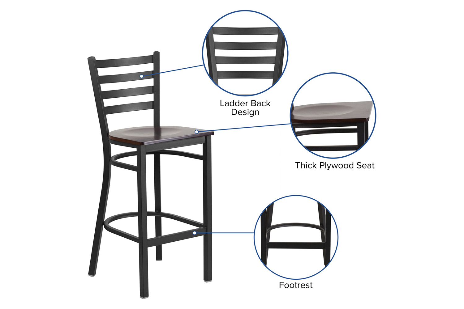 BLNK HERCULES Series Black Metal Ladder Back Restaurant Bar Stool with Wood Seat - Walnut