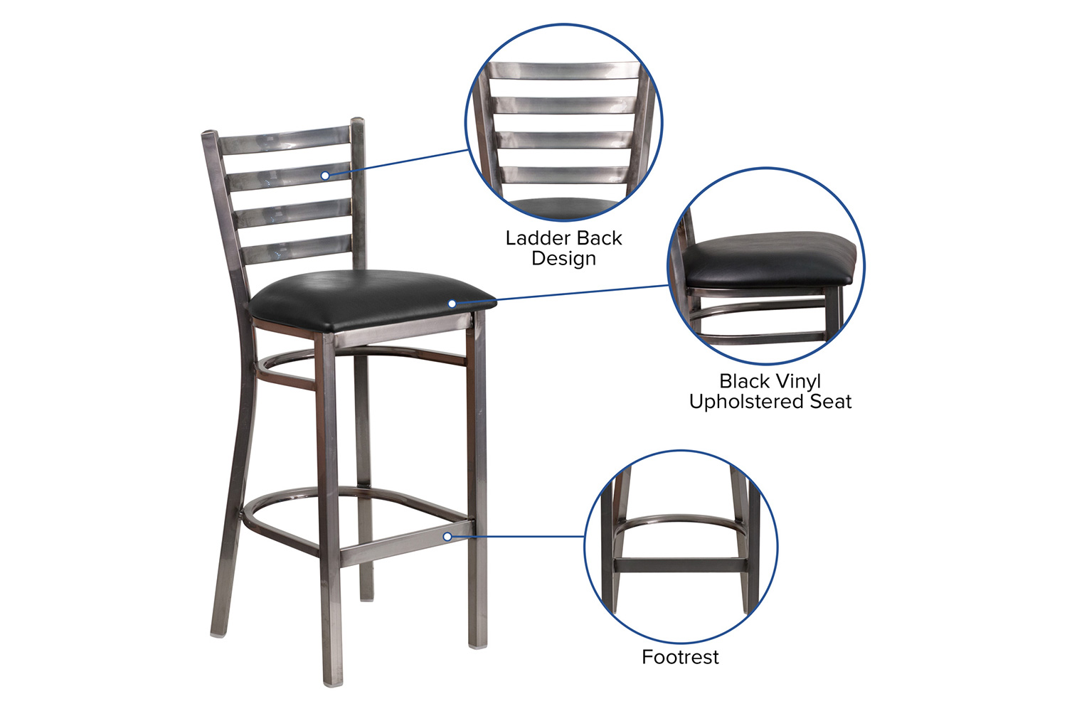 BLNK HERCULES Series Clear Coated Metal Ladder Back Restaurant Bar Stool with Vinyl Seat - Black