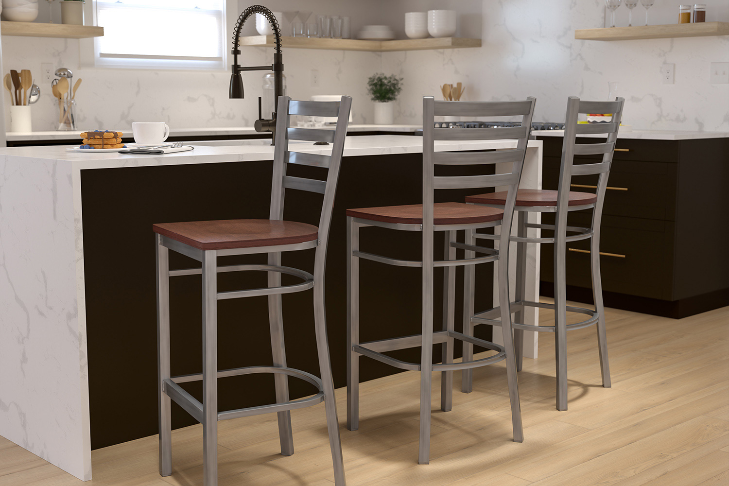 BLNK HERCULES Series Clear Coated Metal Ladder Back Restaurant Bar Stool with Wood Seat