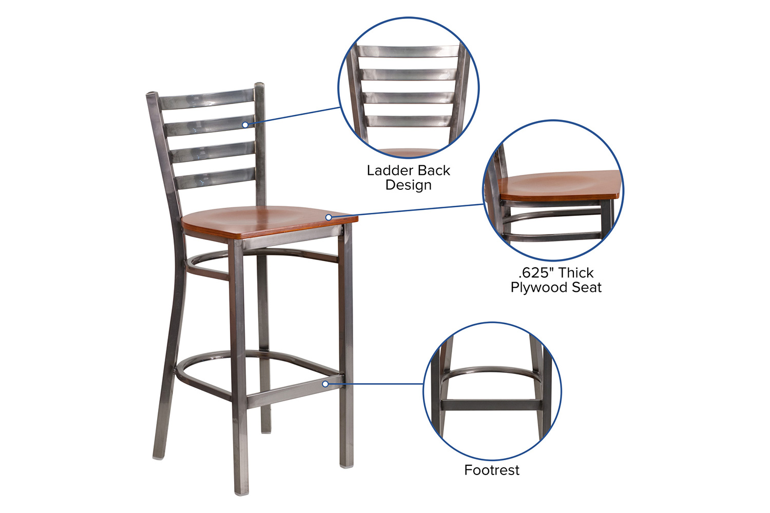 BLNK HERCULES Series Clear Coated Metal Ladder Back Restaurant Bar Stool with Wood Seat - Cherry