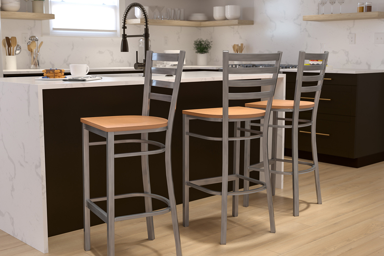 BLNK HERCULES Series Clear Coated Metal Ladder Back Restaurant Bar Stool with Wood Seat