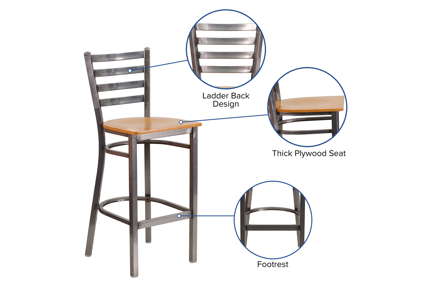 BLNK HERCULES Series Clear Coated Metal Ladder Back Restaurant Bar Stool with Wood Seat - Natural